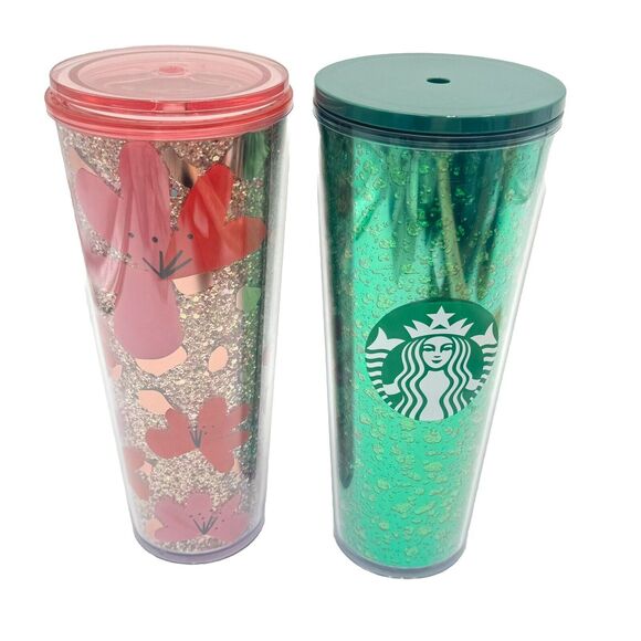 Starbucks Lot of 2 Travel Cups w Lids Green Shimmer Siren & Pink Glitter Floral - Picture 1 of 5